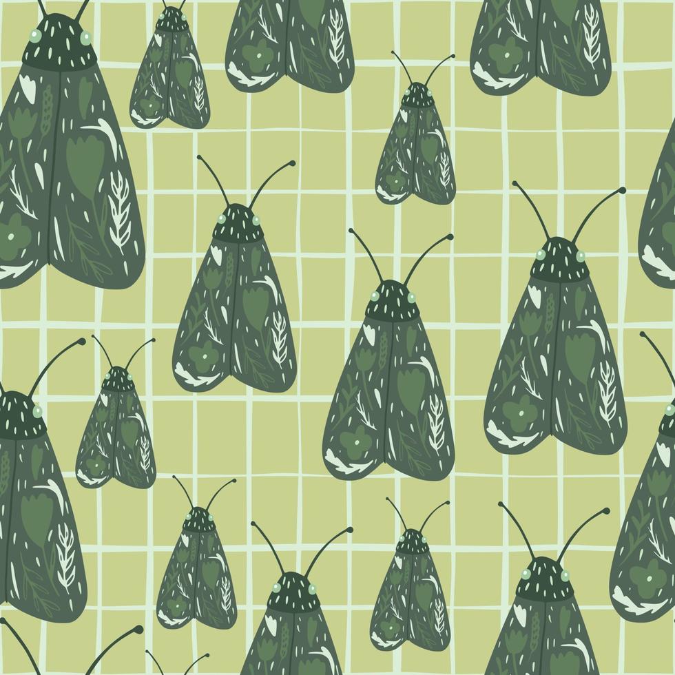 Zufälliges nahtloses Muster mit Nachtmottendruck. Schmetterling handgezeichnete grüne Elemente auf hellgelb kariertem Hintergrund. vektor