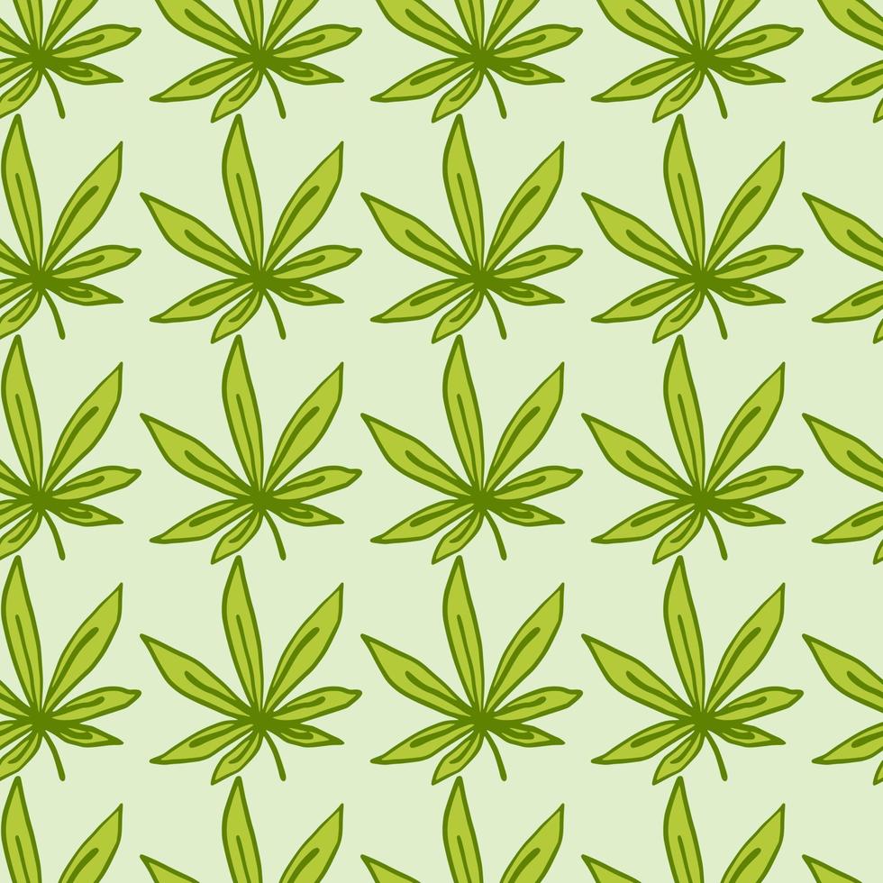 sömlösa doodle mönster med gröna cannabisblad. blommönster med grön drogprydnad och pastellfärgad ljus bakgrund. vektor