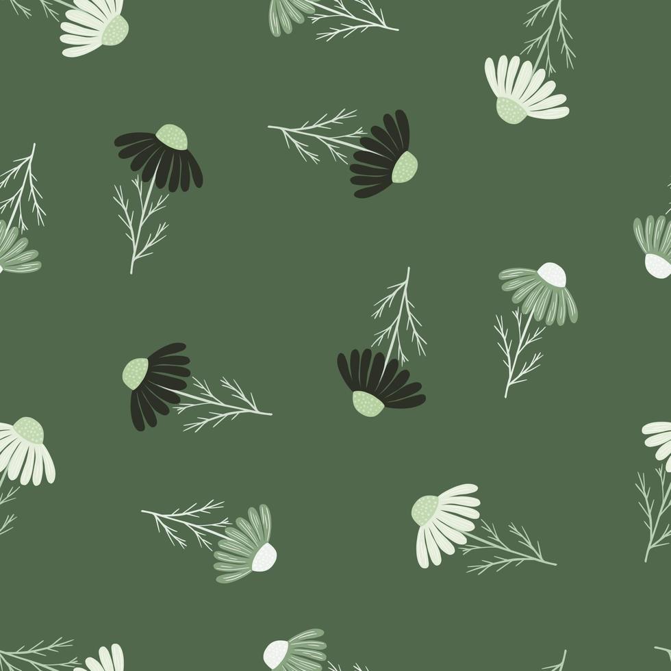vintage seamless mönster med slumpmässigt svartvitt kamomillblommortryck. grön bakgrund. vektor