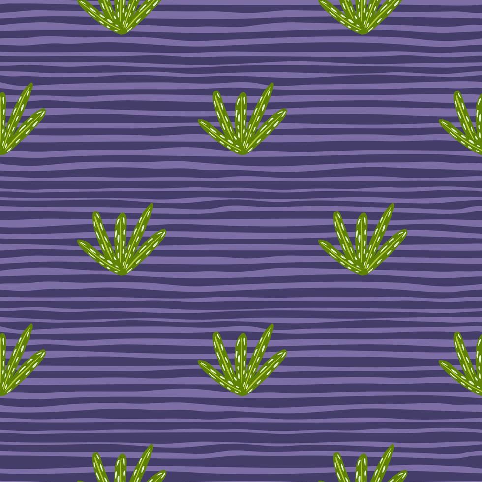 Gekritzel grünes Laub Ornament nahtloses Muster im handgezeichneten Stil. lila gestreifter hintergrund. vektor