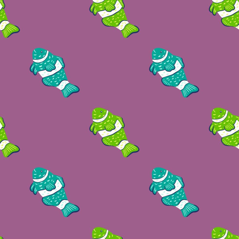 Nahtloses Muster mit lustigen abstrakten Clownfisch-Silhouetten in blauen und grünen Farben. lila Hintergrund. vektor