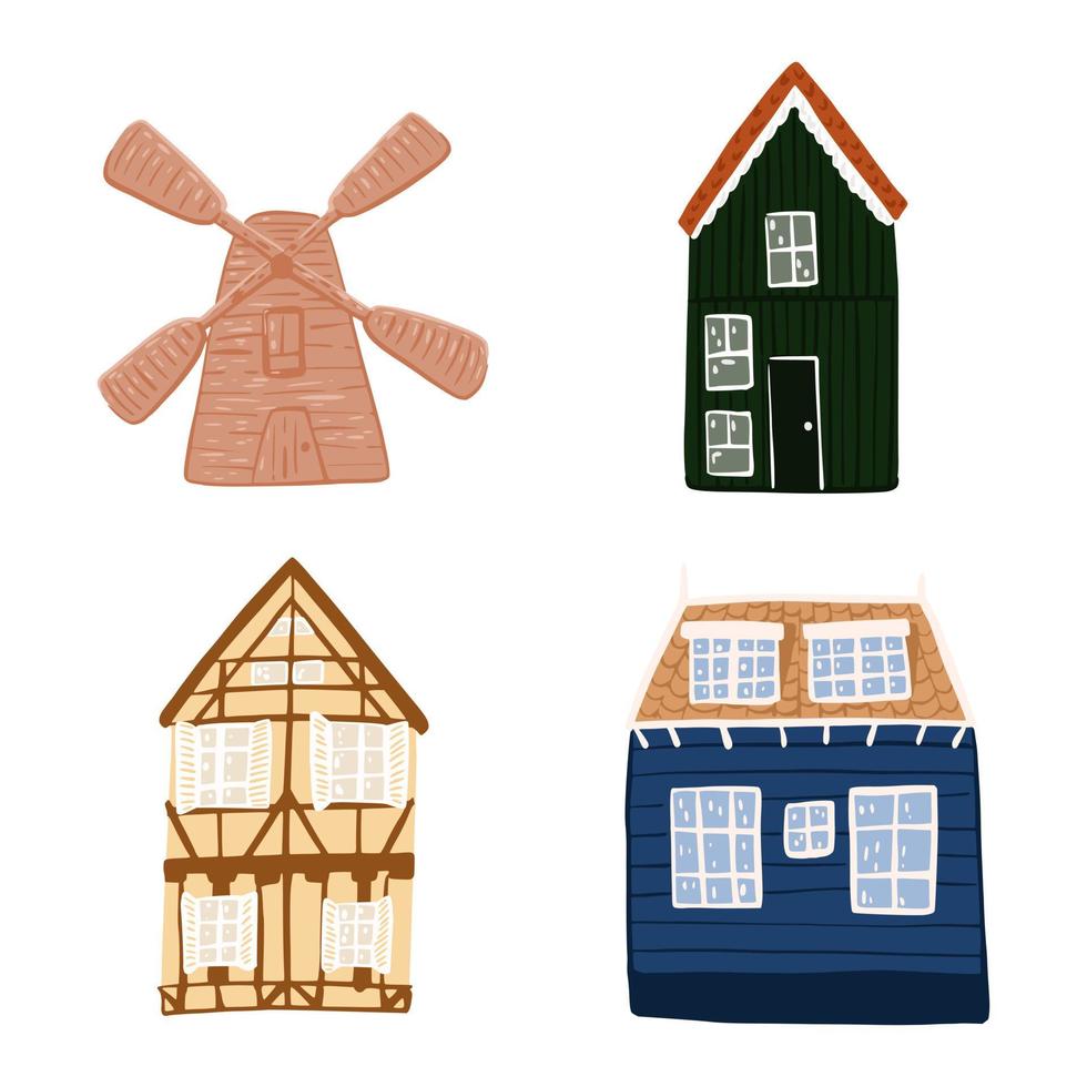 Legen Sie niederländische Häuser isoliert auf weißem Hintergrund. gezeichnete häuser der karikaturskizze hand, mühle, traditionelles häuschen. vektor