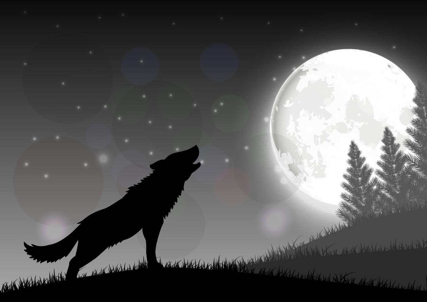 Silhouette eines Wolfs, der nachts mit Mond auf einem Hügel steht vektor