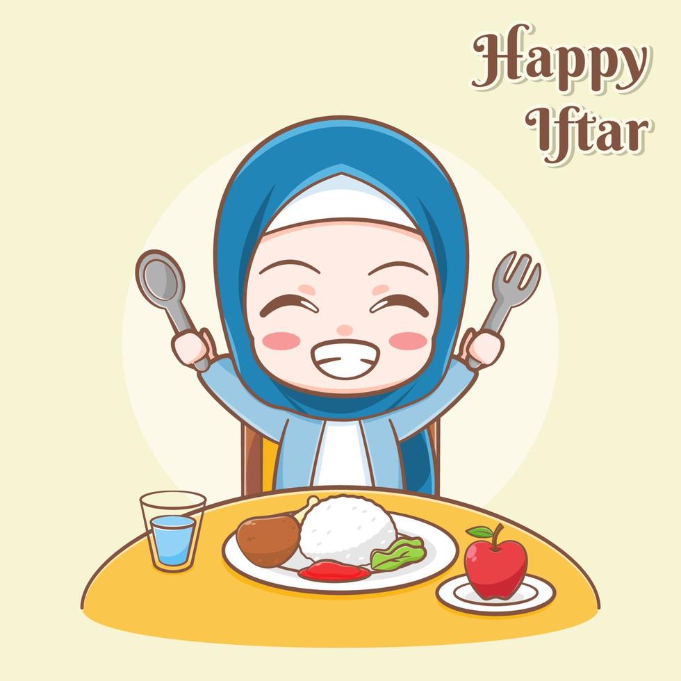 glückliche iftar-grußkarte mit einem netten mädchen, das mahlzeitkarikaturillustration isst vektor