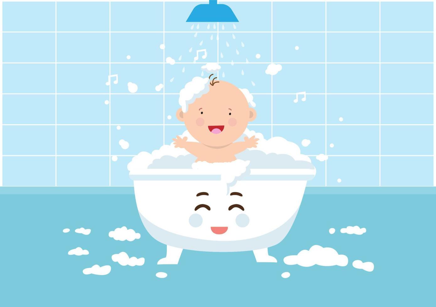 rolig liten pojke leker med vatten och skum i det stora badkaret. platt stil tecknad illustration vektor