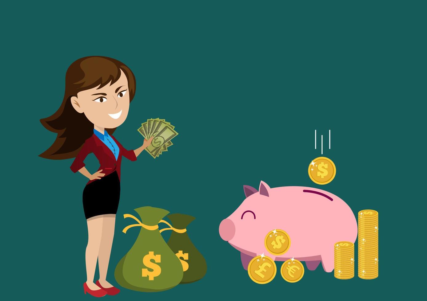 framgångsrika affärskvinnor har en påse med pengar och en stor rosa spargris sparar idéer. platt vektor design illustration