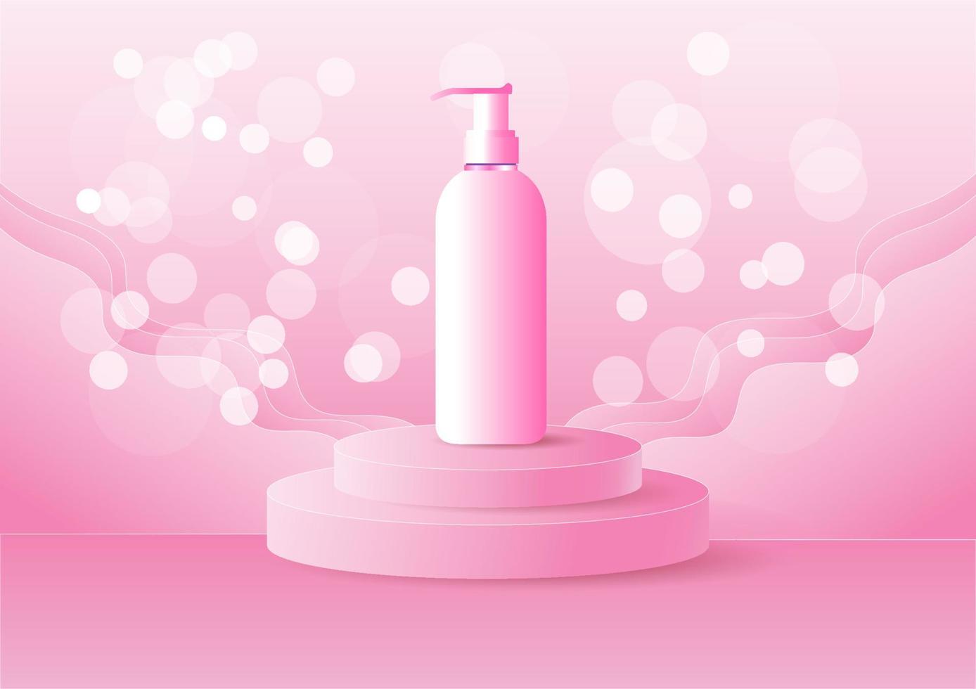 Kosmetik-Werbevorlage in rosafarbenem Thema, weiches Produktmodell, es ist eine Pfeife auf einer runden Plattform. flache Vektorillustration vektor