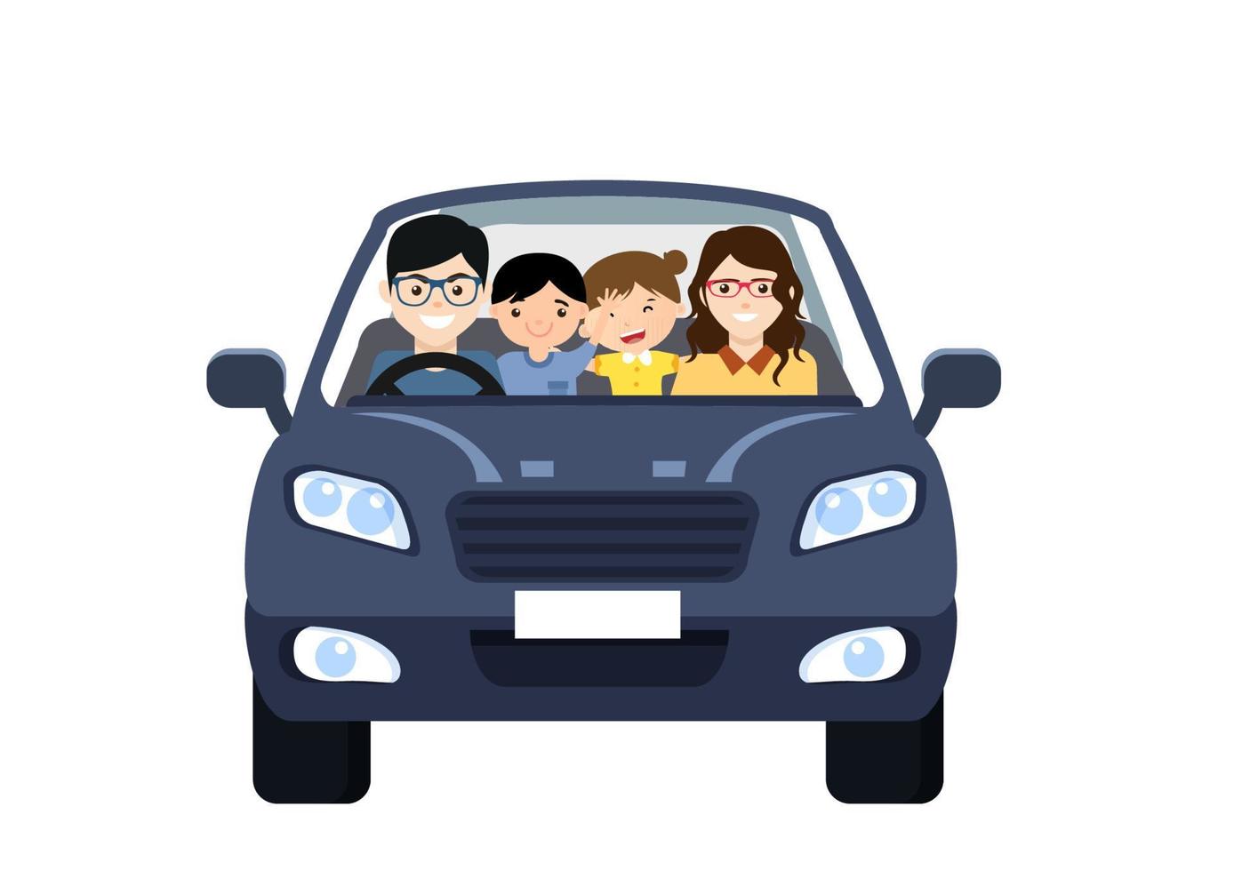 Vektor-Illustration einer Zeichentrickfigur auf weißem Hintergrund. Elemente mit lächelnden Eltern mit zwei fröhlichen Kindern, Jungen und Mädchen, die in einem grauen Auto sitzen vektor