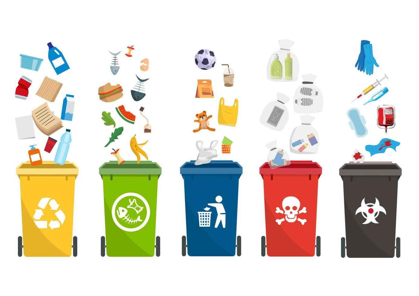 bunte Mülltonnen auf weißem Hintergrund Symbole für Container und Mülltrennung. Arten von Abfällen. Cartoon-Vektor-Illustration im flachen Stil. vektor