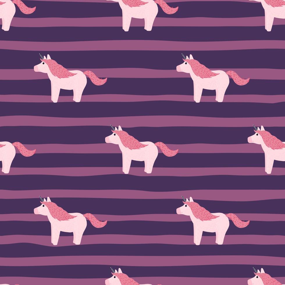 vita och rosa toner färgade sömlösa doodle mönster med enhörningsprydnad. lila randig bakgrund. vektor