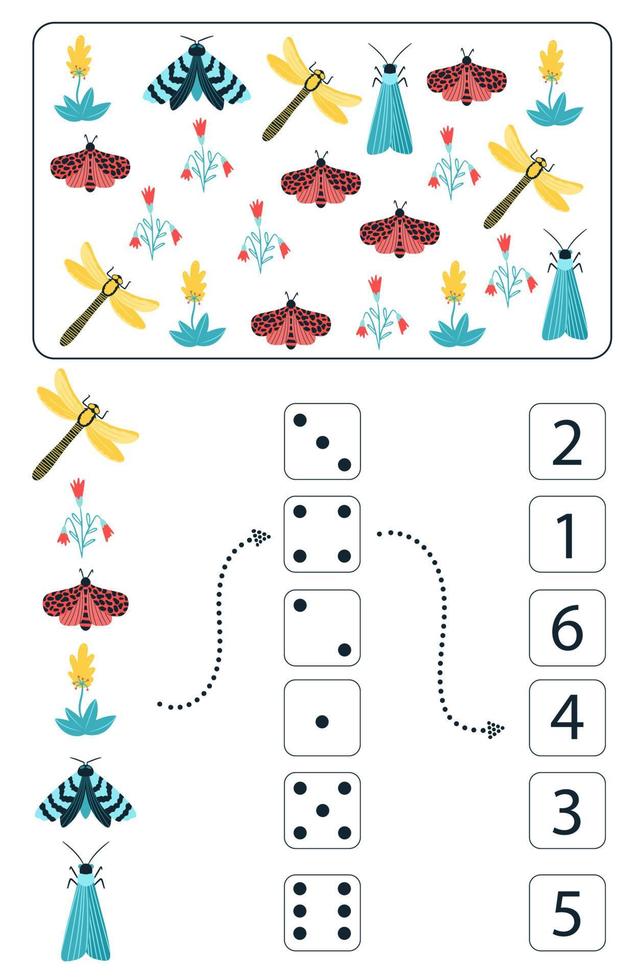 mattepedagogiskt spel för barn. matematikkalkylblad för barn med färgglada insekter, fjärilar, skalbaggar, blommor. vektor, tecknad stil. vektor