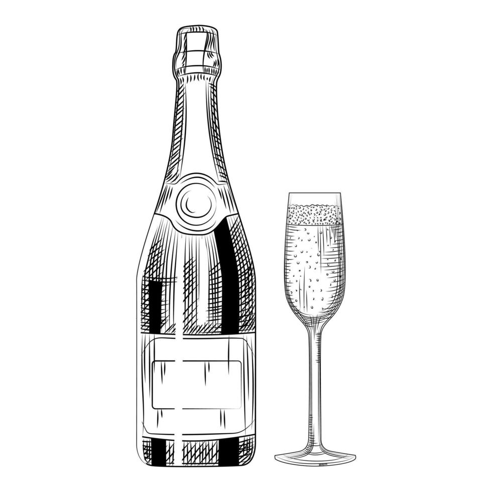 handritad champagneflaska och glas. isolerade föremål vektor