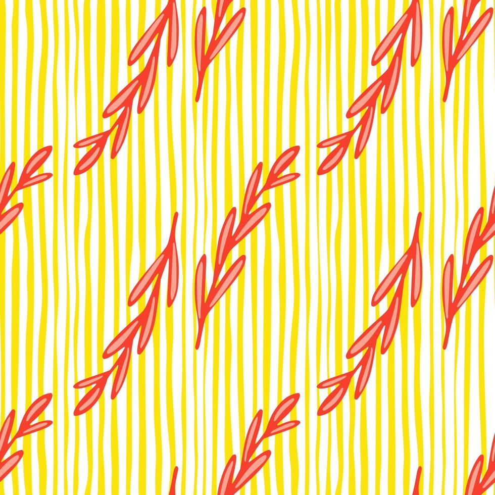 rosa örtkvistar med röd kontur sömlös doodle mönster. gul och vit randig bakgrund. vektor