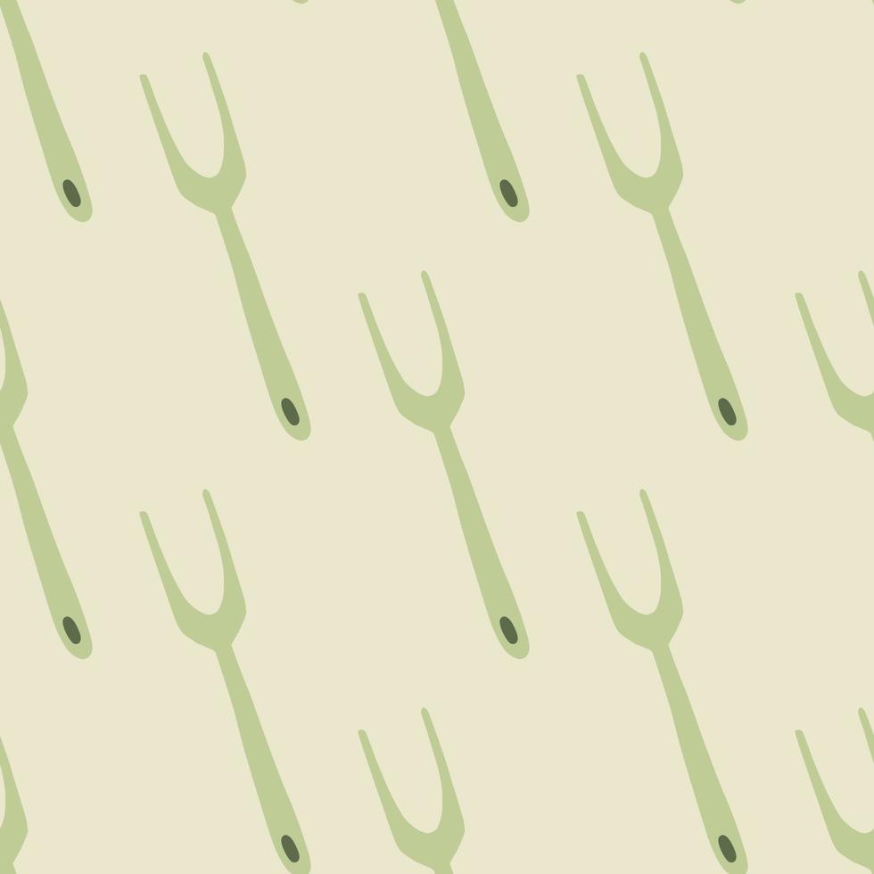 sömlösa doodle mönster med grön blek grill gaffel element. ljus pastell bakgrund. akut matlagning prydnad. vektor