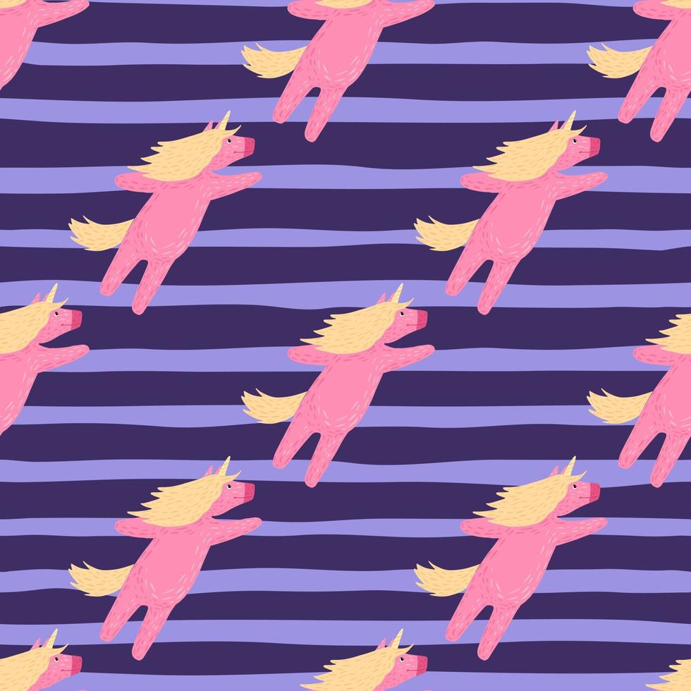 magiska djur sömlösa doodle mönster med rosa enhörning prydnad. lila randig bakgrund. vektor
