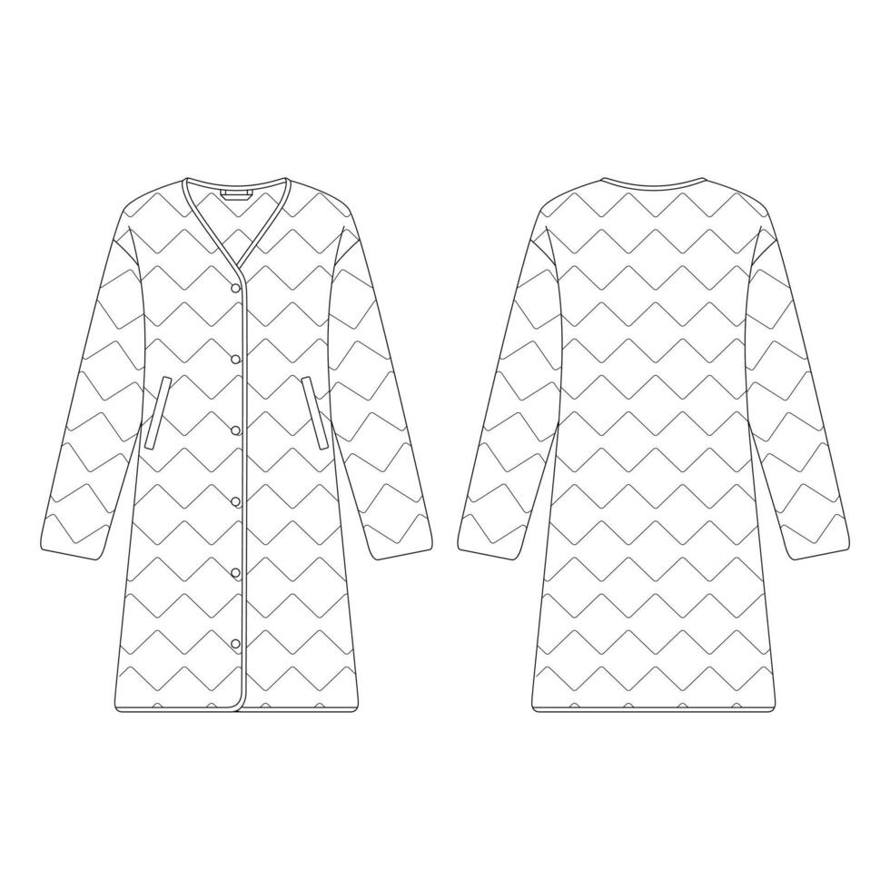 Vorlage Frauen V-Ausschnitt unten langen Mantel Vektor-Illustration flaches Design Umriss Bekleidungskollektion Oberbekleidung vektor
