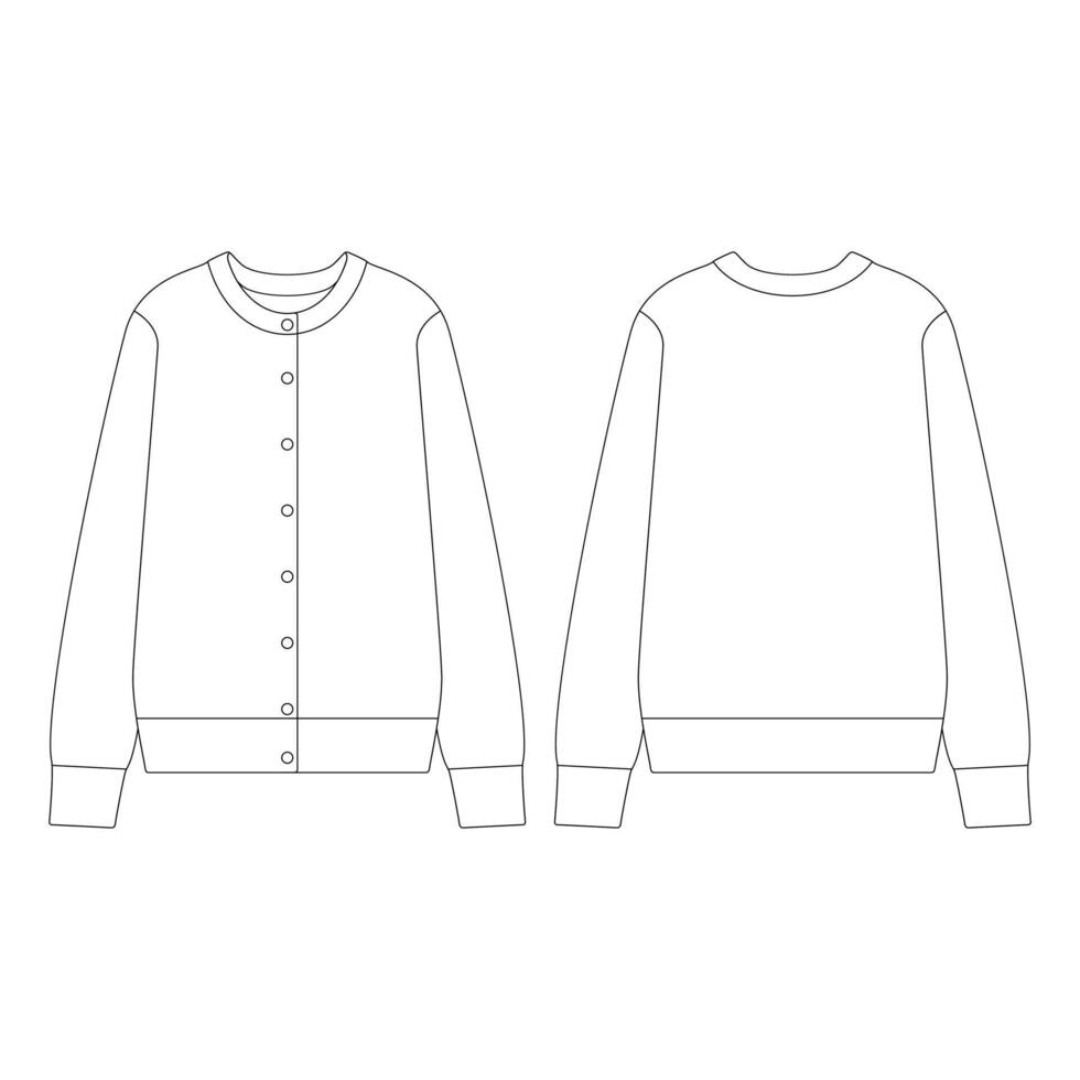 Design-Umriss-Kleidungskollektion der Schablonenfrauen-Strickjacke mit Rundhalsausschnitt, Vektorillustration, flache vektor