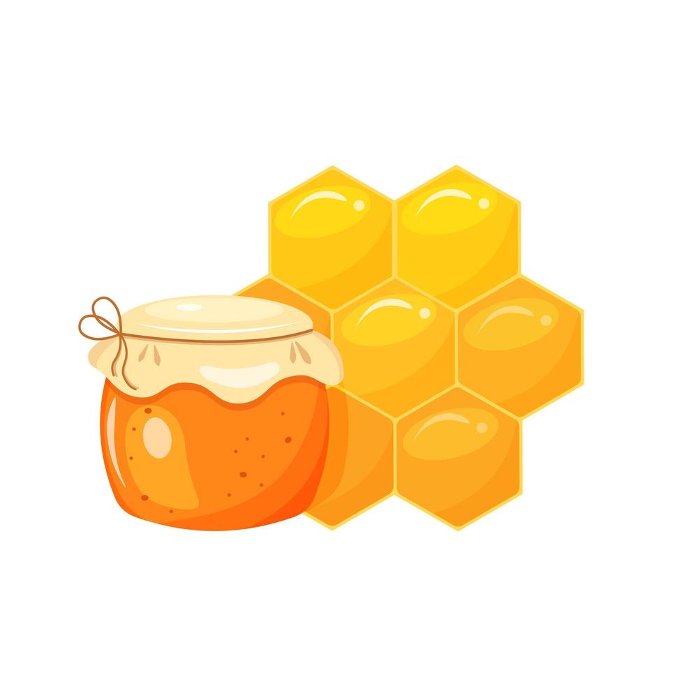 burk med honung, honungskaka i tecknad stil. vektor