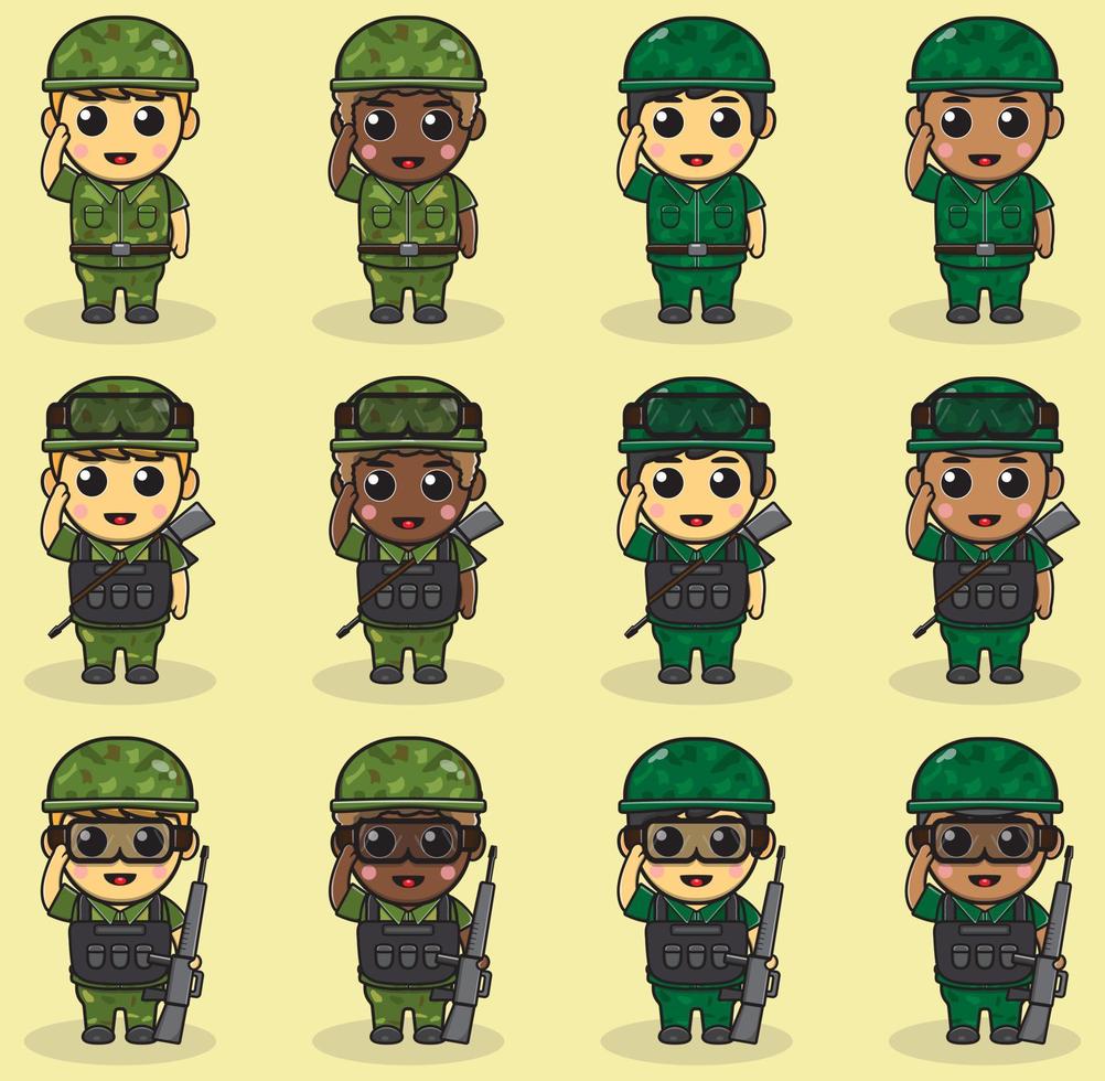 vektor illustration av söt pojke armé tecknade bunt med salut pose