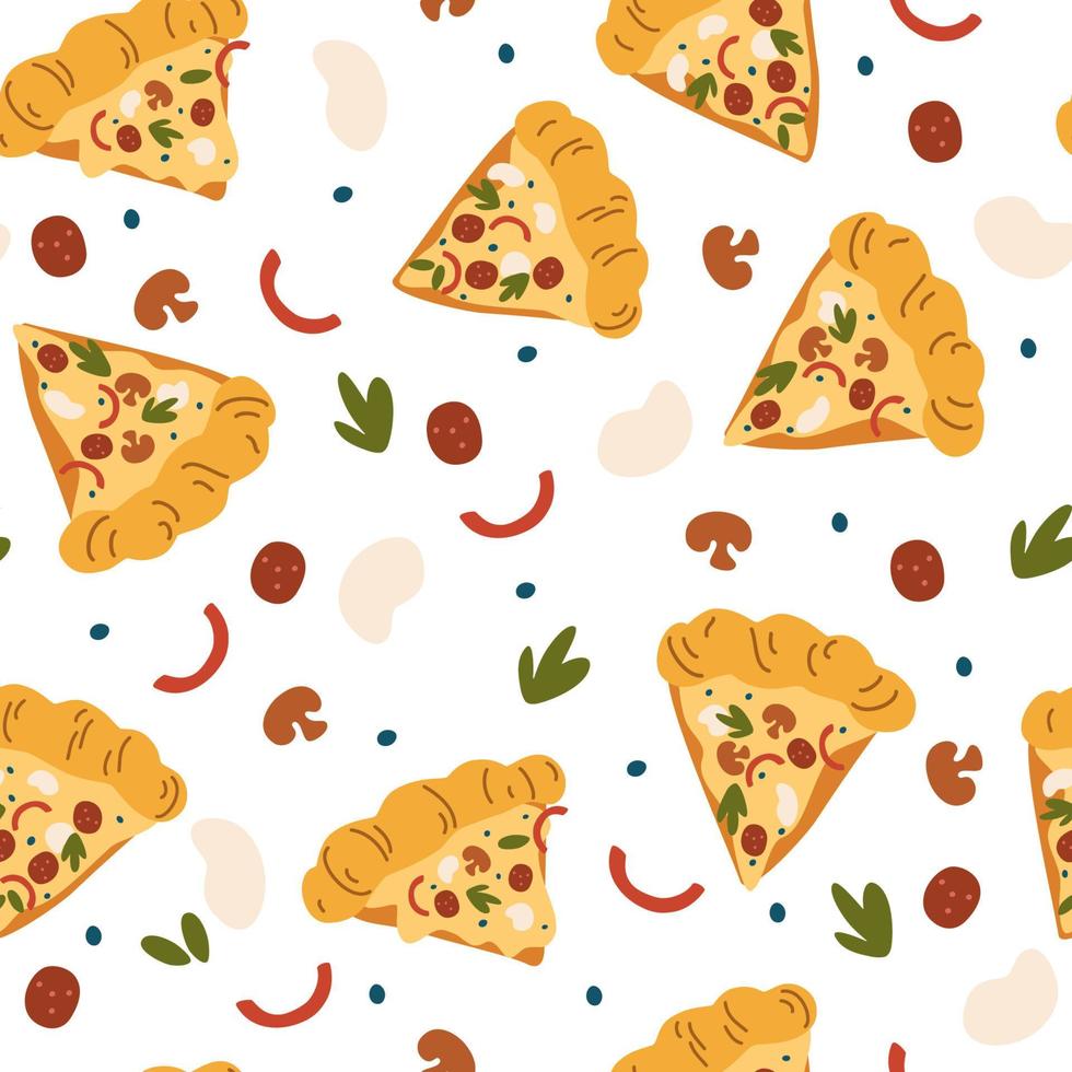 pizza sömlösa mönster. pizzaskivor med mozzarella, salami, örter, svamp och peppar. doodle snabbmat bakgrund. för omslagspapper, textil, tapeter, restaurang eller café. vektor illustration