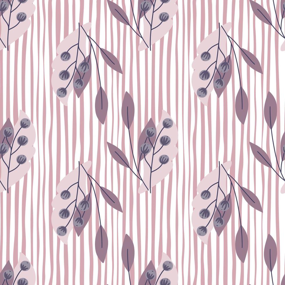 lila blätter und vogelbeeren nahtloses muster. Naturkulisse. rosa und weiß gestreifter Hintergrund. vektor