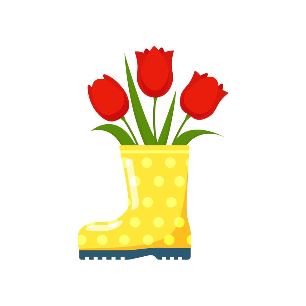 Strauß roter Tulpen, grüne Blätter im gelben Gummistiefel, isoliert auf weißem Hintergrund. frühlingsblumenmuster. postkarte für ostern, frühlingsfest, geburtstag vektor