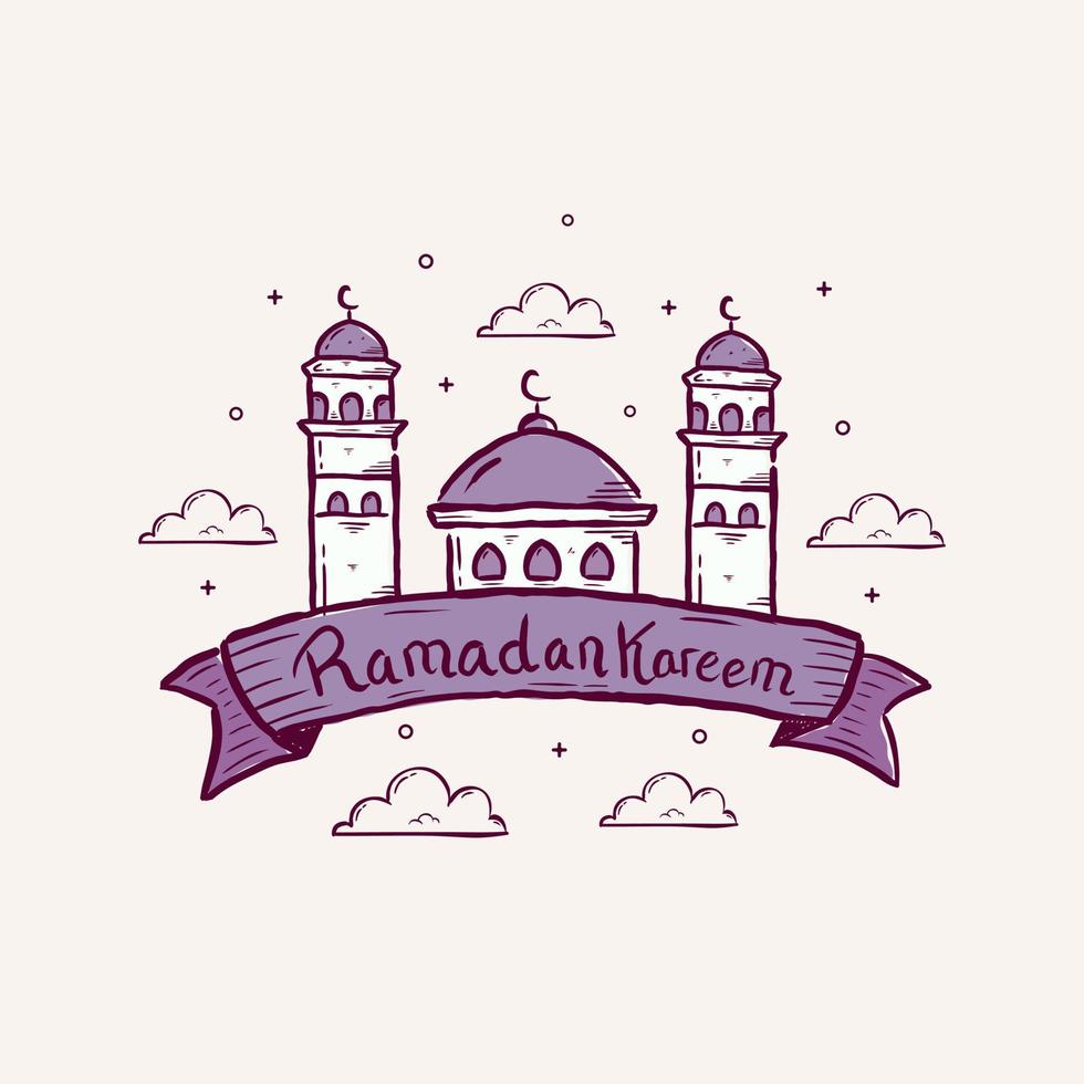 ramadan kareem illustration mit moschee und bandkonzept. handgezeichneter skizzenstil vektor