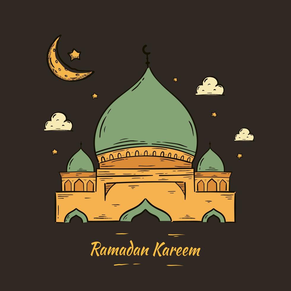 ramadan kareem illustration mit moschee und halbmondkonzept. handgezeichneter skizzenstil vektor