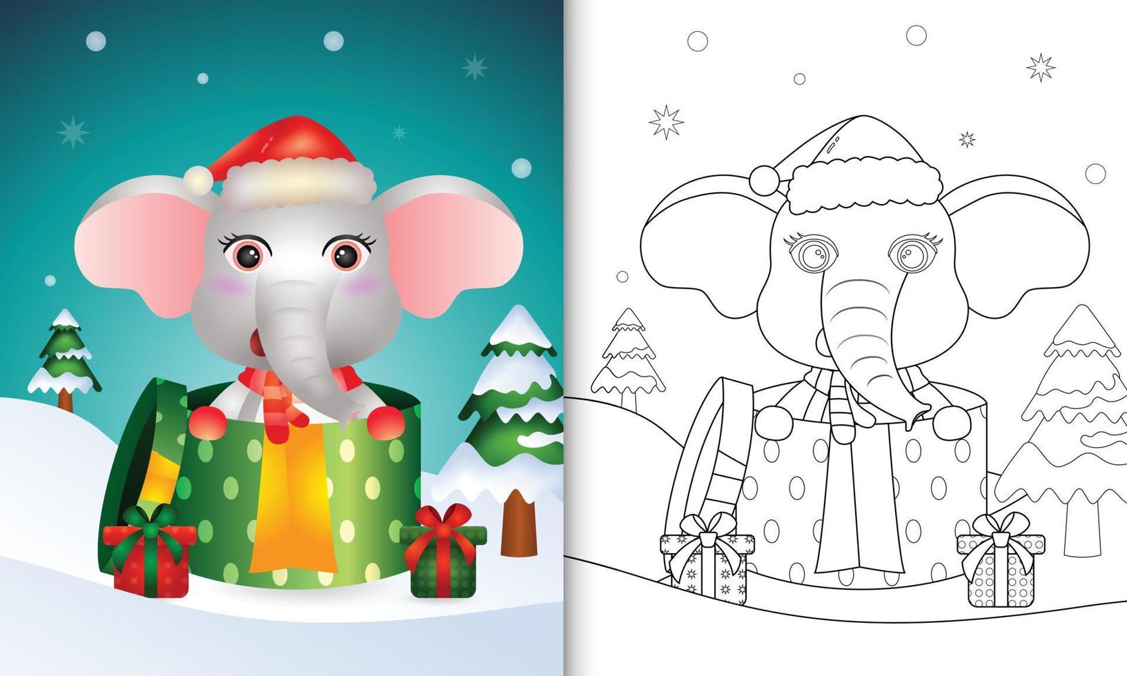 Malbuch mit süßen Elefantenweihnachtsfiguren mit Weihnachtsmütze und Schal in der Geschenkbox vektor