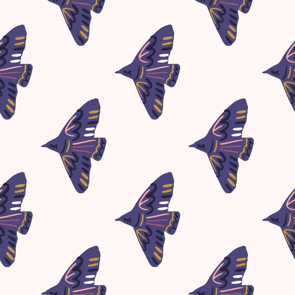 isolerade sömlösa mönster med abstrakt fågel siluett. flygande djur prydnad i lila färger. vektor