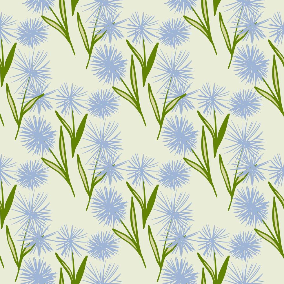 abstrakt maskros former sömlösa doodle mönster. blå blommor med gröna blad på ljus pastell bakgrund. vårens bakgrund. vektor