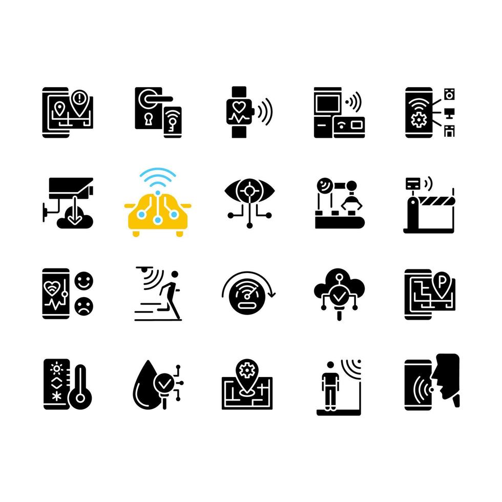 iot schwarze Glyphensymbole auf Leerraum gesetzt. WLAN-Verordnung. Internet der Dinge. Fernbedienung für Geräte. intelligente Haushaltsgeräte Silhouettensymbole. Solide Piktogrammpackung. vektor isolierte illustration