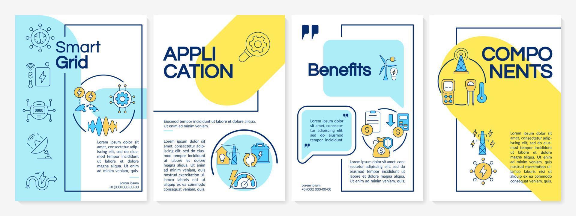 Smart-Grid-Integration Blaue und gelbe Broschürenvorlage. Broschürendruckdesign mit linearen Symbolen. Vektorlayouts für Präsentationen, Jahresberichte, Anzeigen. Questrial-reguläre, lato-reguläre Schriftarten verwendet vektor