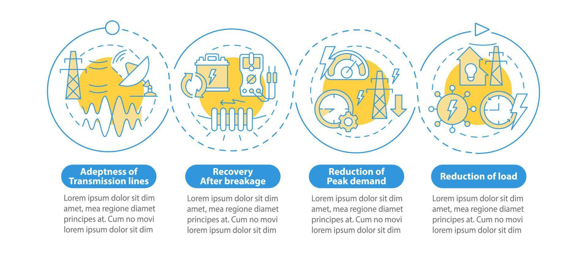 anwendungen der infografischen vorlage des blauen kreises des intelligenten gitters. Datenvisualisierung mit 4 Schritten. Info-Diagramm der Prozesszeitachse. Workflow-Layout mit Liniensymbolen. Unzählige pro-fette, normale Schriftarten werden verwendet vektor