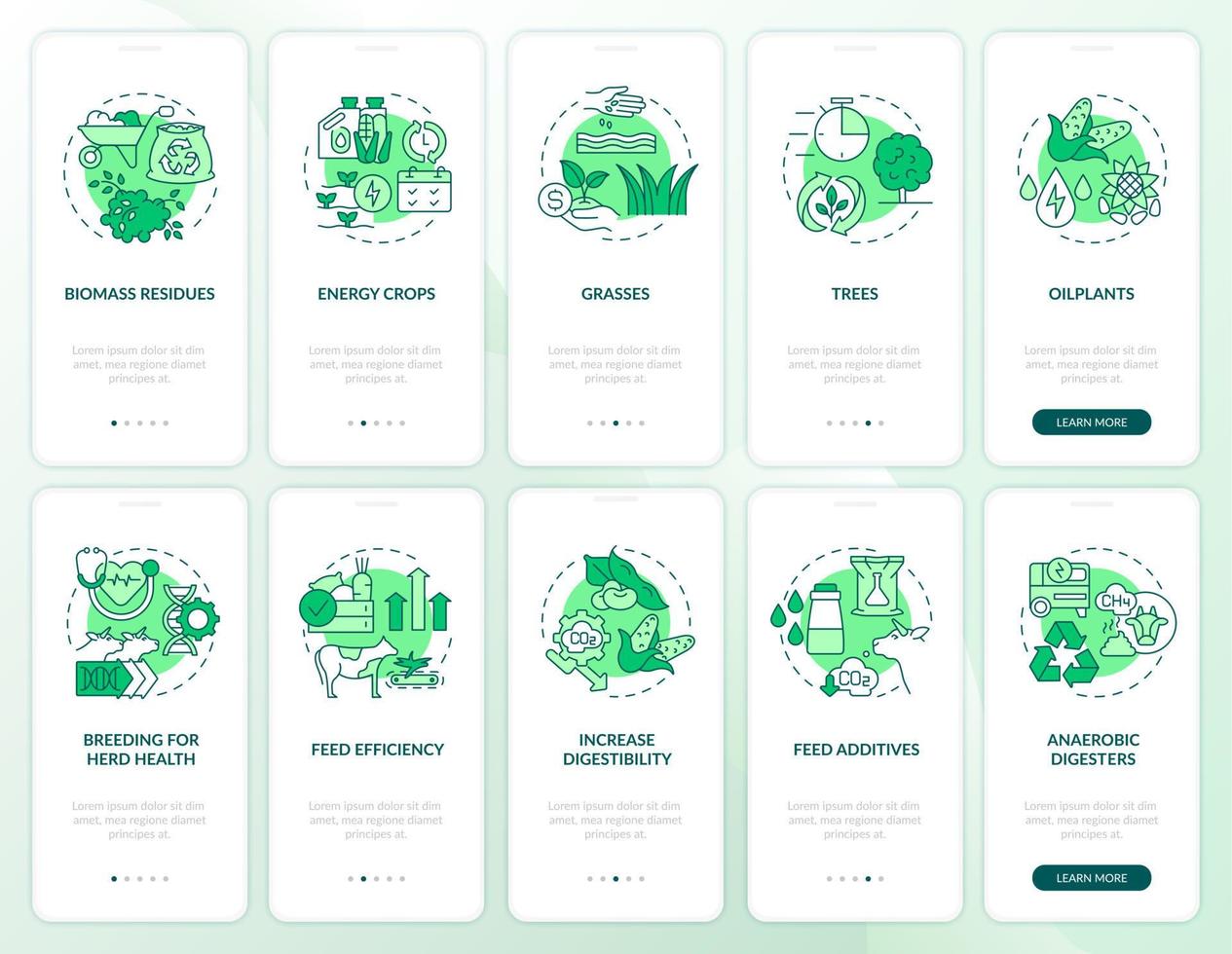 modern agribusiness grön onboarding mobilapp skärmuppsättning. genomgång 5 steg grafiska instruktioner sidor med linjära koncept. ui, ux, gui mall. otaliga pro-fet, vanliga typsnitt som används vektor
