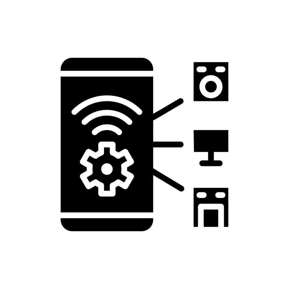 smarta apparater styr svart glyfikon. mobil åtkomst till reglering av fjärrenheter. smart apparatteknik. siluett symbol på vitt utrymme. solid piktogram. vektor isolerade illustration