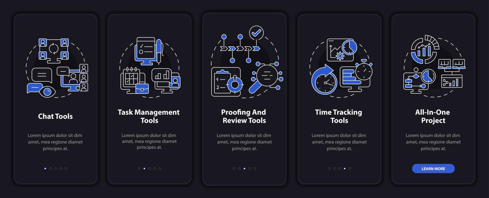 Wesentliche Geschäftstools Nachtmodus beim Onboarding des Bildschirms der mobilen App. Komplettlösung 5 Schritte grafische Anleitungsseiten mit linearen Konzepten. ui, ux, gui-Vorlage. Unzählige pro-fette, normale Schriftarten werden verwendet vektor