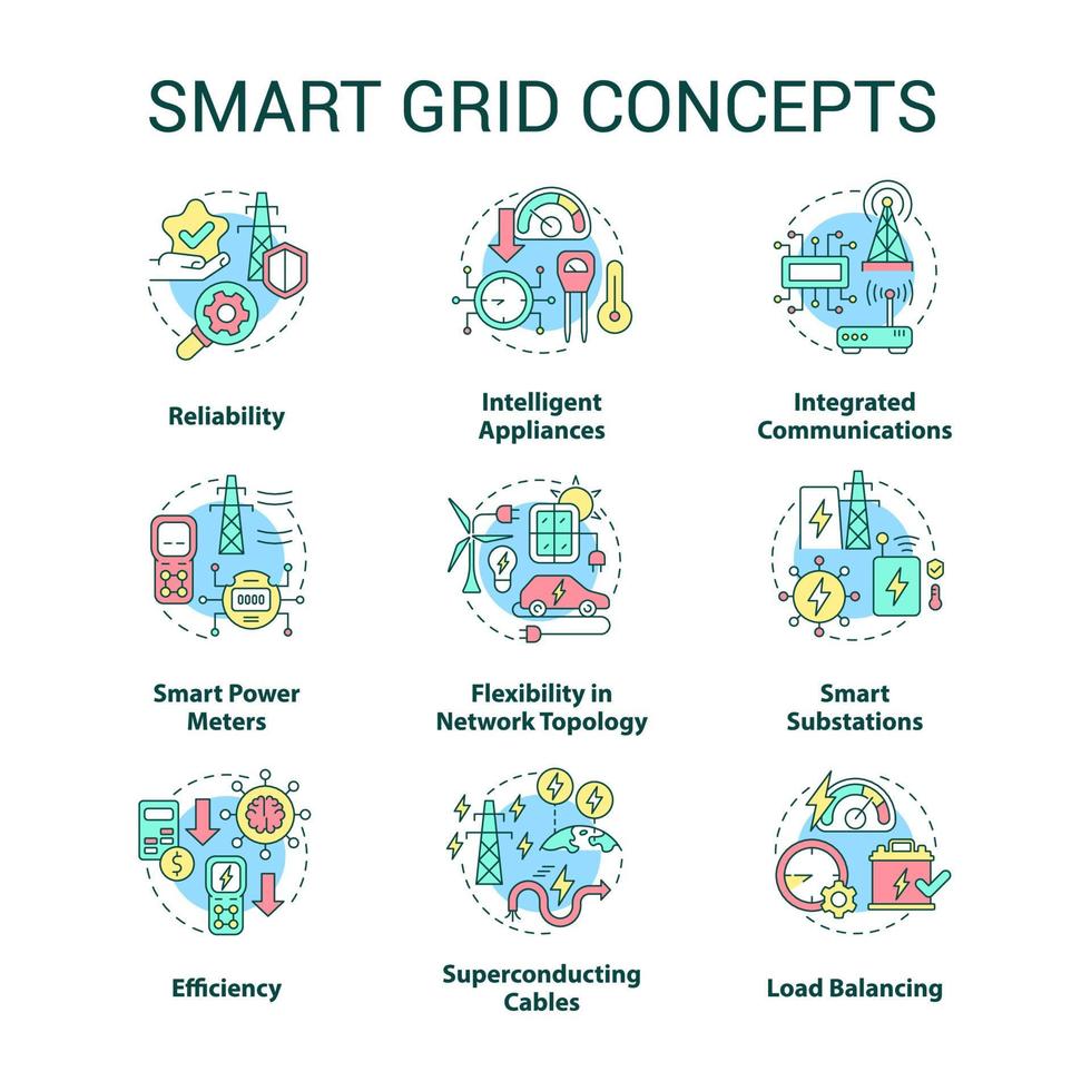 Smart-Grid-Konzept-Icons gesetzt. zeitgemäße Ingenieurskunst. Intelligente Energiesystemidee dünne Linienfarbillustrationen. isolierte Umrisszeichnungen. Roboto-Medium, unzählige pro-fette Schriftarten verwendet vektor