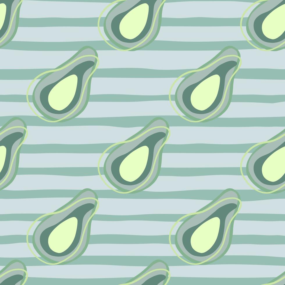 Nahtloses Muster im lustigen Stil mit einfachem Doodle-Avocado-Ornament. blau gestreifter Hintergrund. vektor