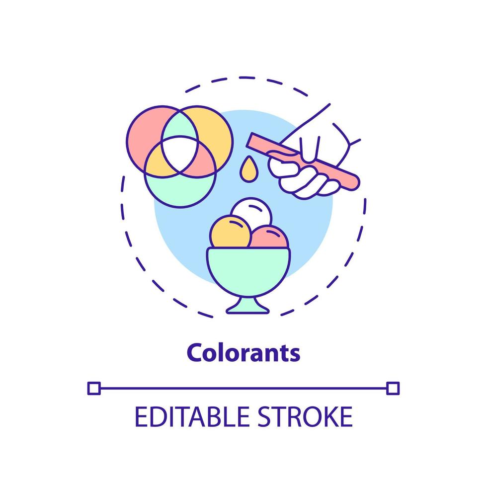 färgämnen koncept ikon. naturligt och syntetiskt pigment. livsmedelstillsatser abstrakt idé tunn linje illustration. isolerade konturritning. redigerbar linje. arial, otaliga pro-bold typsnitt som används vektor
