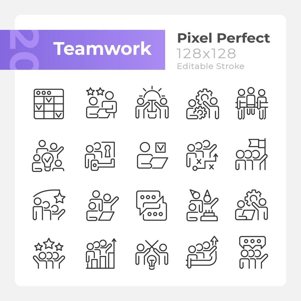 teamwork pixel perfekte lineare symbole gesetzt. Zusammenarbeit am Projekt. Zusammenarbeit für Arbeitsziele. Anpassbare dünne Liniensymbole. isolierte vektorumrissillustrationen. editierbarer Strich vektor