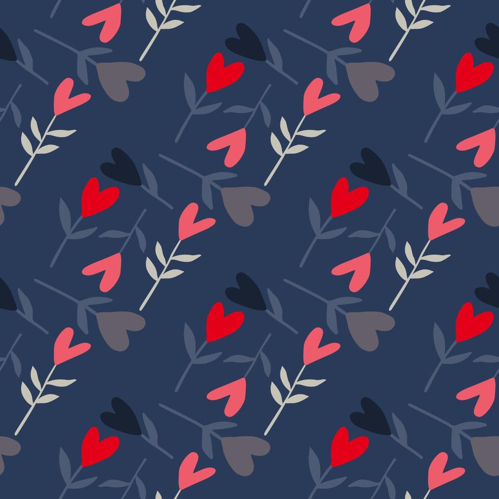 Nahtloses Doodle-Muster mit Herz-Zweig-Silhouetten. Valentinsschmuck in rosa und roten Farben auf marineblauem Hintergrund. vektor