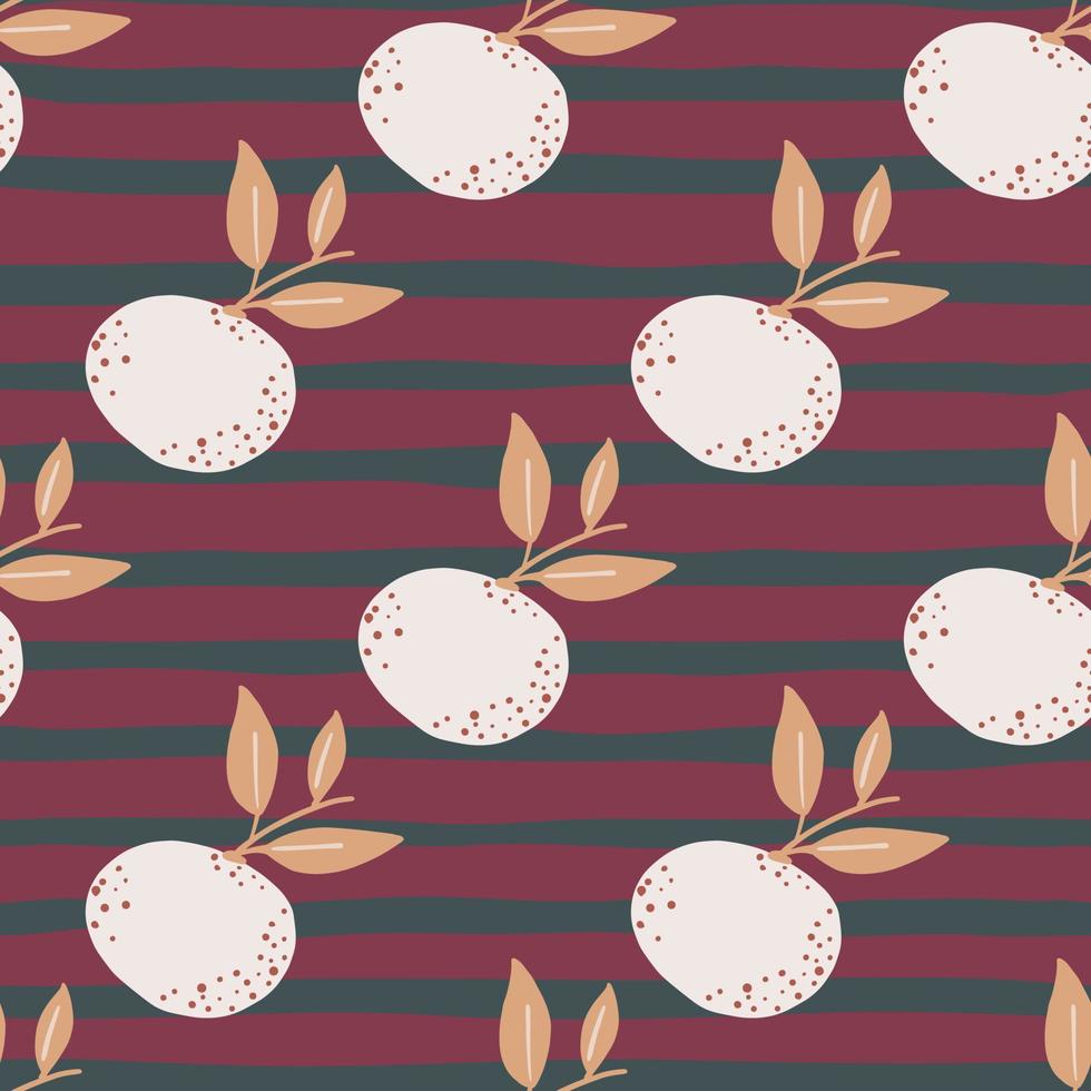 Weiße Mandarinen-Silhouetten nahtloses Muster im handgezeichneten Stil. lila und rosa gestreifter Hintergrund. vektor