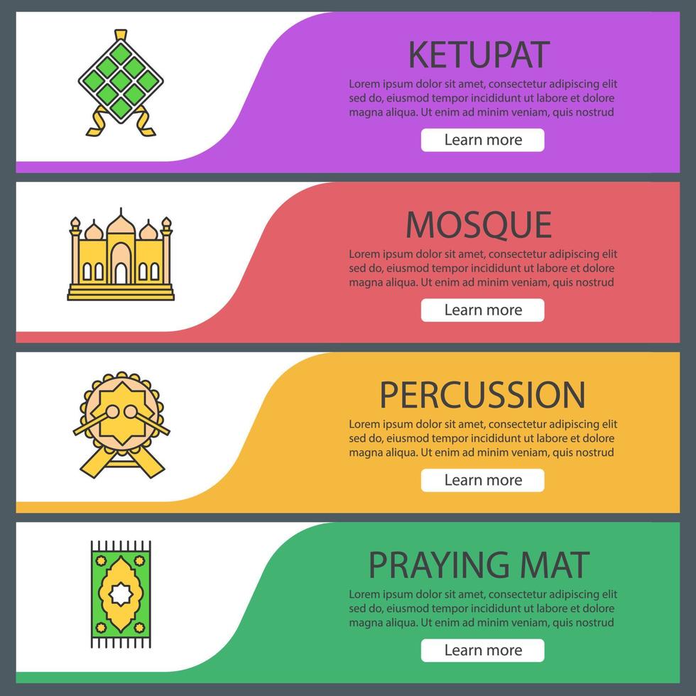 Web-Banner-Vorlagen für die islamische Kultur festgelegt. Ketupat, Moschee, Daf, Gebetsmatte. Menüelemente in Farbe der Website. Vektor-Header-Design-Konzepte vektor