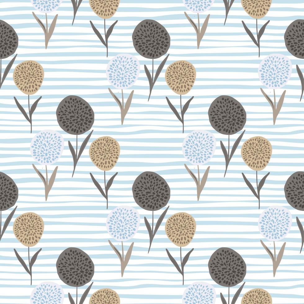 blommig maskros silhuetter seamless pattern.beigeand bruna blomma former på vit bakgrund med blå remsor. vektor