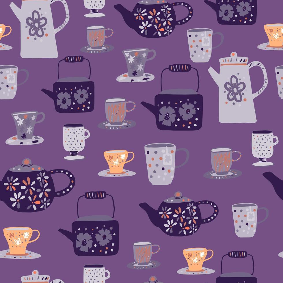 graues und orangefarbenes nahtloses muster der teezeremonie. Doodle Tassen und Teekannen Ornament auf lila Hintergrund. vektor