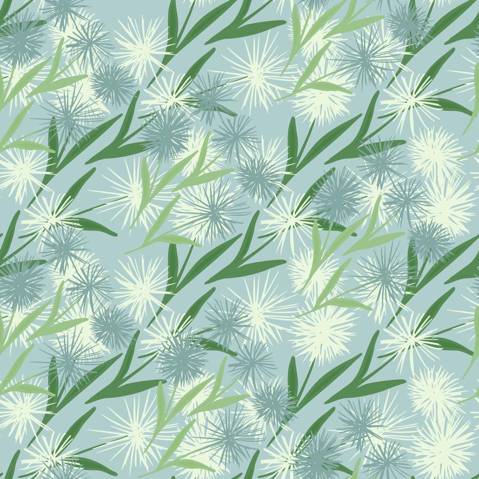 doodle seamless mönster med vita och blå maskros silhuetter. abstrakta blommor med gröna blad på himmel färgbakgrund. vektor