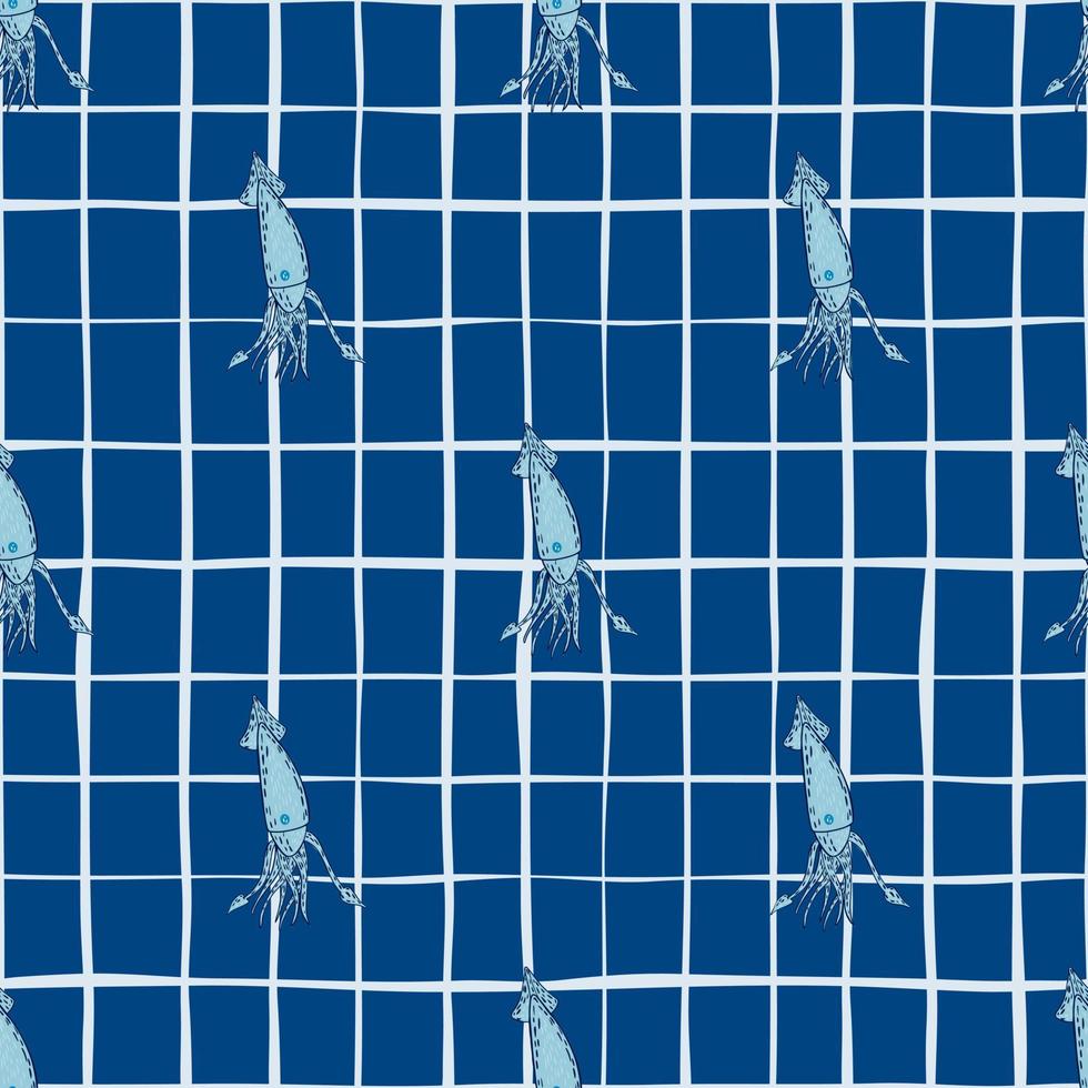 Tintenfisch marine Silhouetten nahtlose Muster im Cartoon-Stil. Marineblau karierter Hintergrund. vektor
