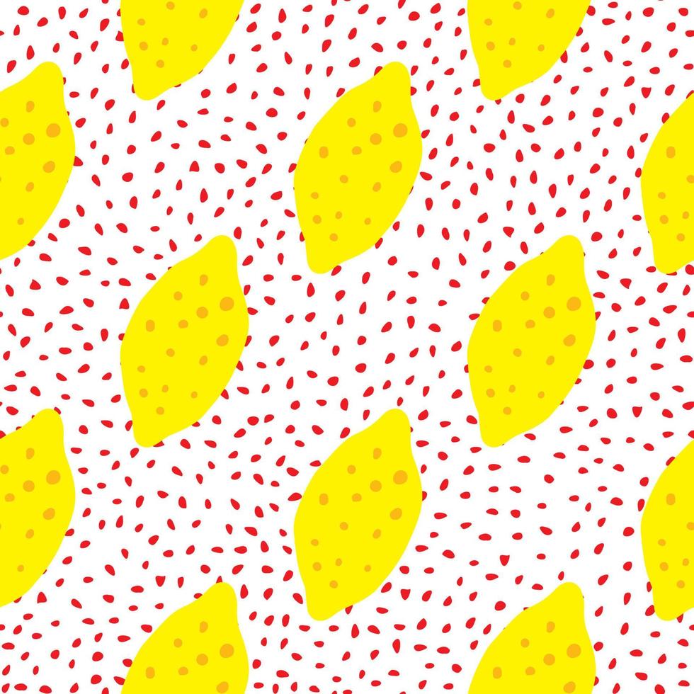 rolig citron med blad seamless mönster på prickar bakgrund. handritad citrusfrukter tapeter. vektor