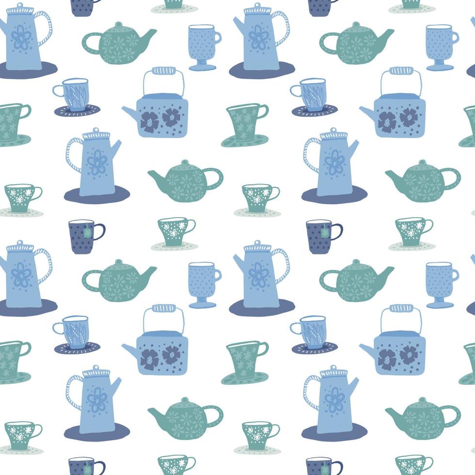 isoliertes nahtloses Gekritzelmuster der Teezeremonie. blaue Tassen und Teekannen Silhouetten auf weißem Hintergrund. vektor